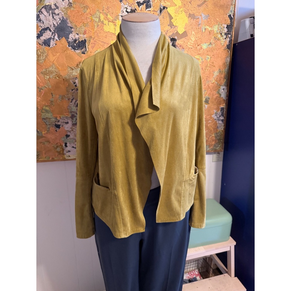 Max Studio Mustard Yellow Faux Suede Draped Open Front Jacket Large 2706M21